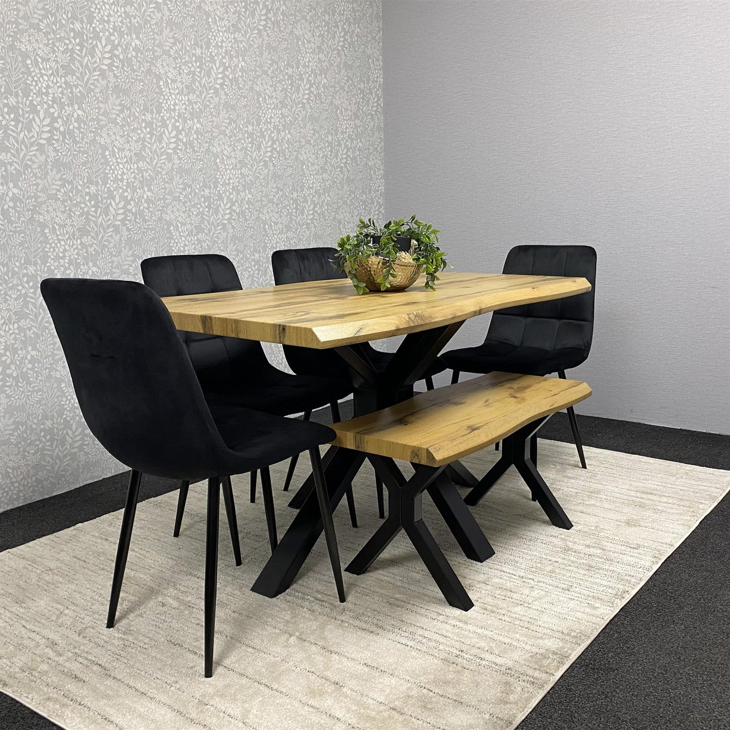 DOUBS Wooden Brown Dining Table with Bench and 4 Black Velvet Chairs, Stylish Dining Room Furniture