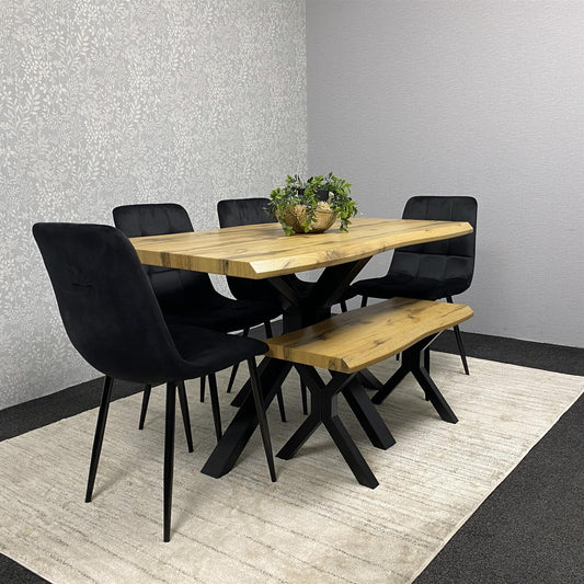 DOUBS Wooden Brown Dining Table with Bench and 4 Black Velvet Chairs, Stylish Dining Room Furniture
