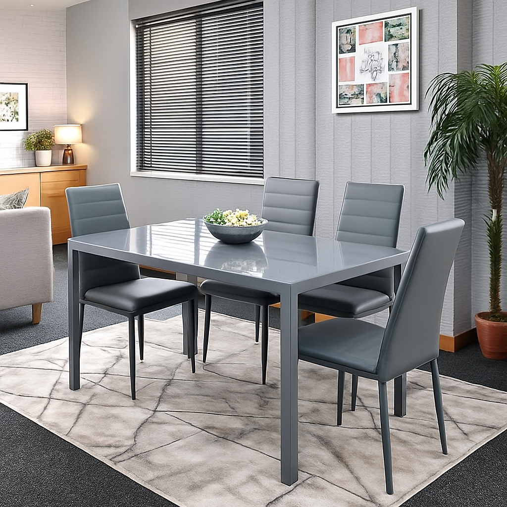 Dining Table and 4 Chairs Grey  Glass 4 Leather Chairs Dining Room Furniture