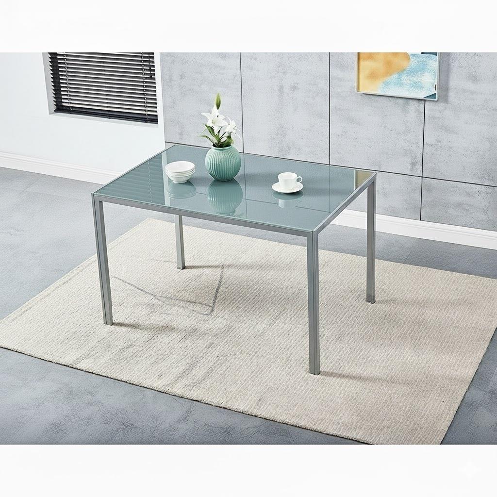 Modern Grey Glass Dining Table Set with 4 Green velvet Chairs Dining Furniture