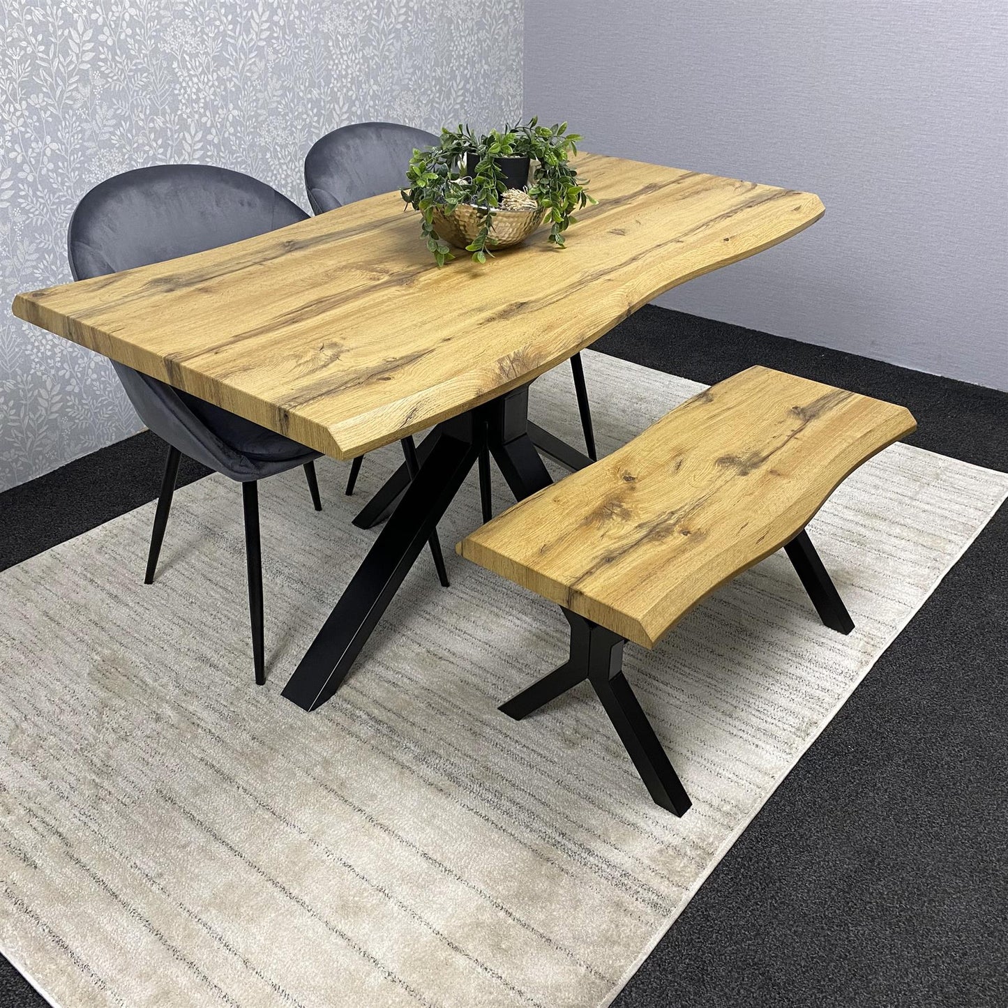 DOUBS Brown Wooden Dining Table with 2 grey Chairs and Bench - Dining Kitchen Room Furniture