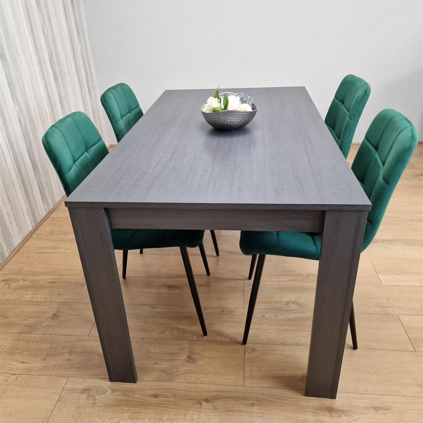 Dining Table and 4 Chairs  Black Dark Grey Velvet Green Chairs Wood Dining Set Furniture
