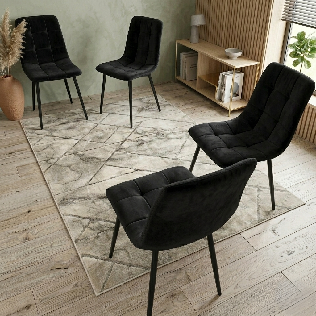 Dining Table for 6 Wooden Dining Table and 4 black velvet Chairs and 1 Grey velvet Bench