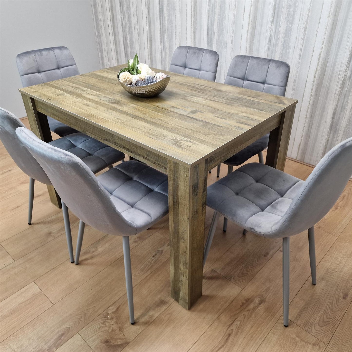 Dining Table and 6 Chairs Rustic Effect Wood Table 6 Grey Velvet Chairs Dining Room