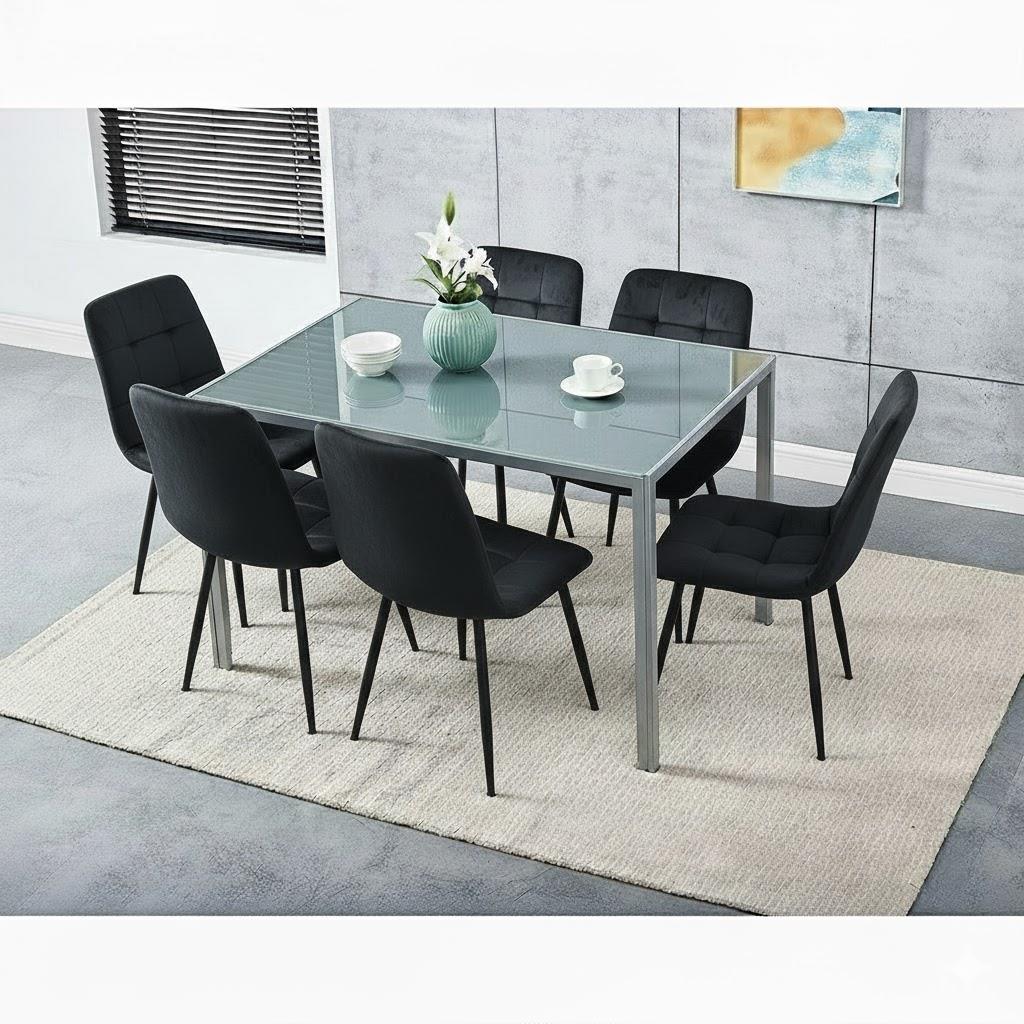 Grey Glass Dining Table with 6 Black Velvet Chairs Set Kitchen Dining Room Furniture