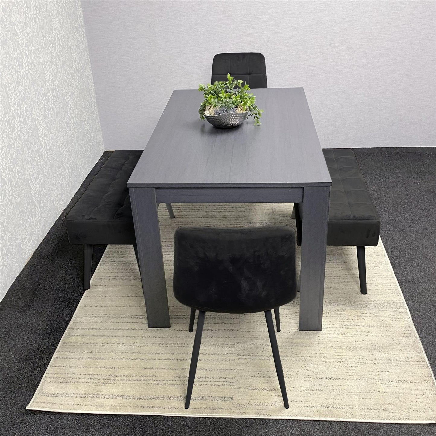 Arrow Design Wooden Dining Table with Black  Velvet Chairs and 2 black velvet Benches