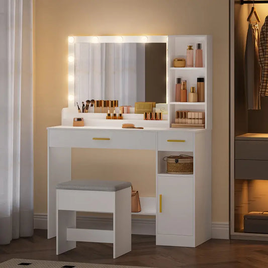 White Vanity Dressing Table with Large Mirror, Stool, and Ample Storage – Makeup Desk with Drawers, Cupboard, and Organiser for Cosmetics and Jewellery