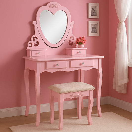 DOUBS Dressing Table with Heart Shaped Mirror and Stool Makeup Vanity Mirror Hollywood Table