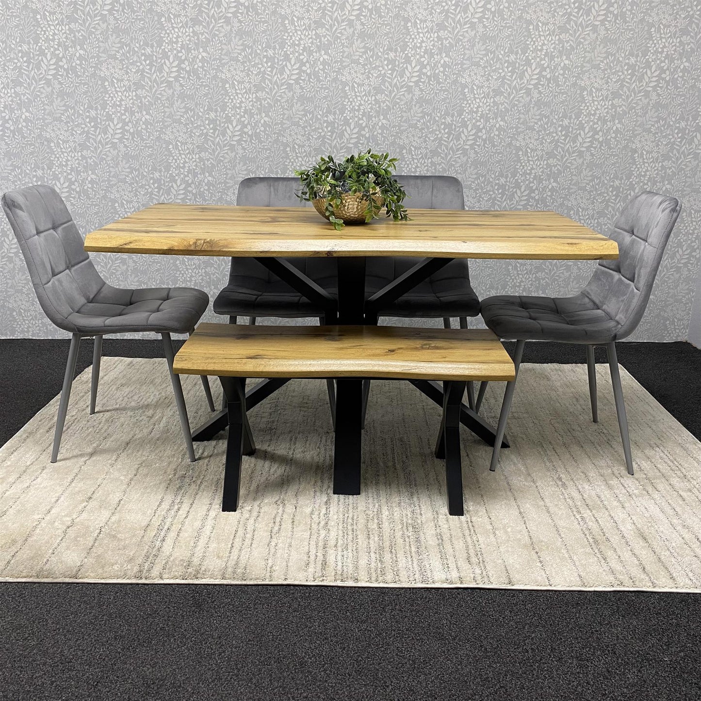 DOUBS Wooden Brown Dining Table with Bench and 4 Grey Velvet Chairs, Stylish Dining Room Furniture