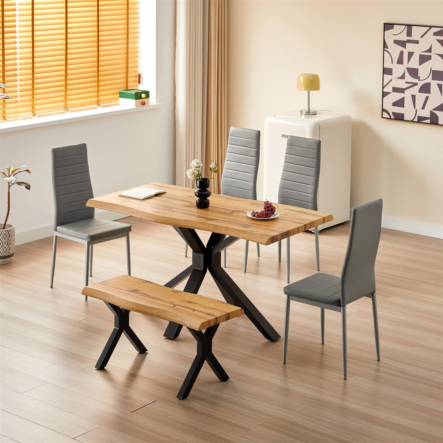 DOUBS Brown Wooden Dining Table with 4 Grey Chairs and Bench - Dining Kitchen Room Furniture