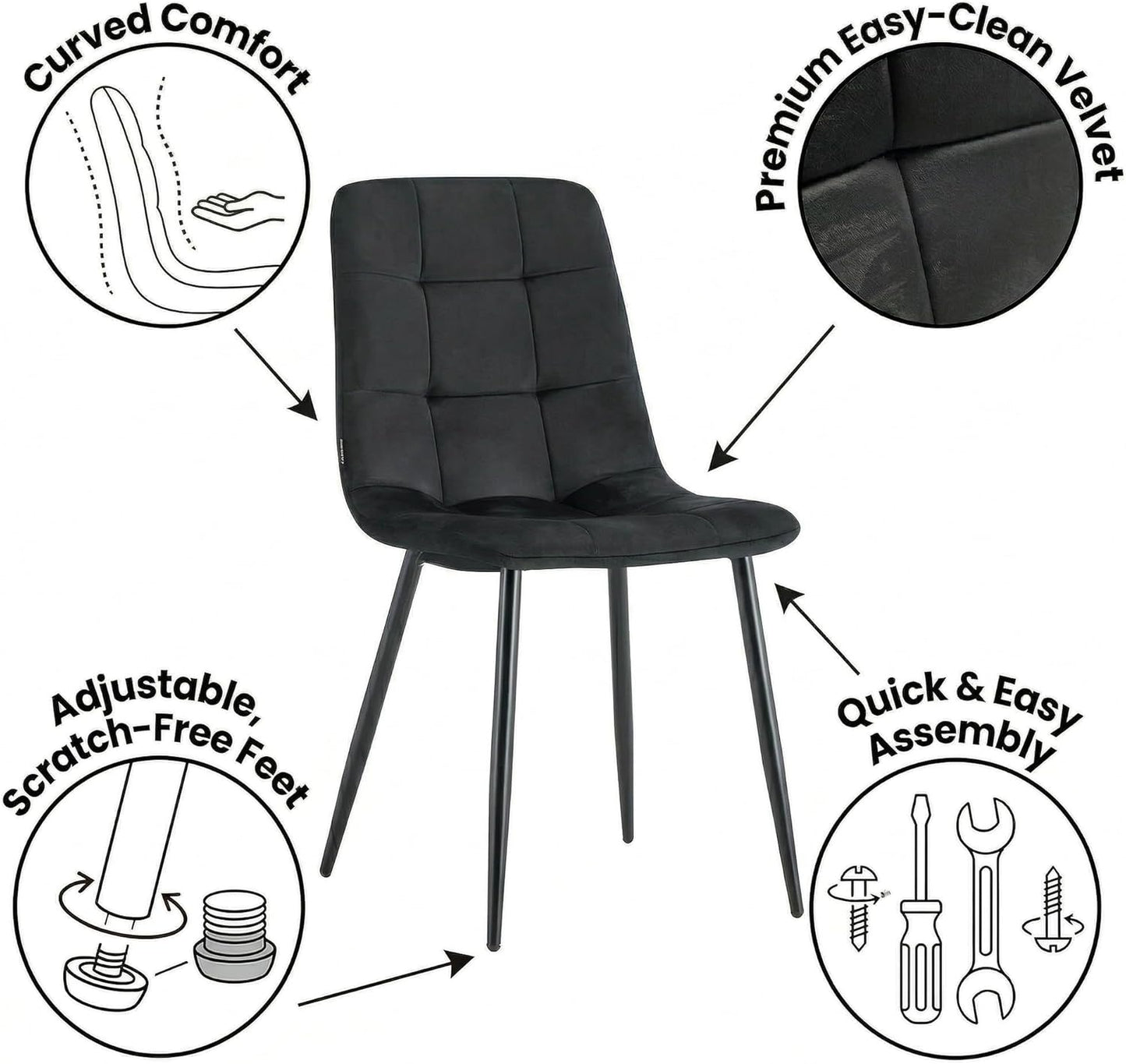 Dining Table for 6 Wooden Dining Table and 4 black velvet Chairs and 1 Grey velvet Bench