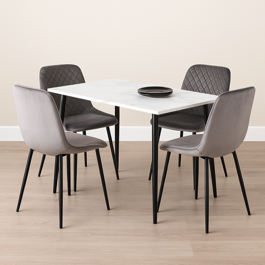 White Marble-Effect Table with 4 Grey padded Chairs, Modern Rectangular Kitchen and Dining Room Furniture