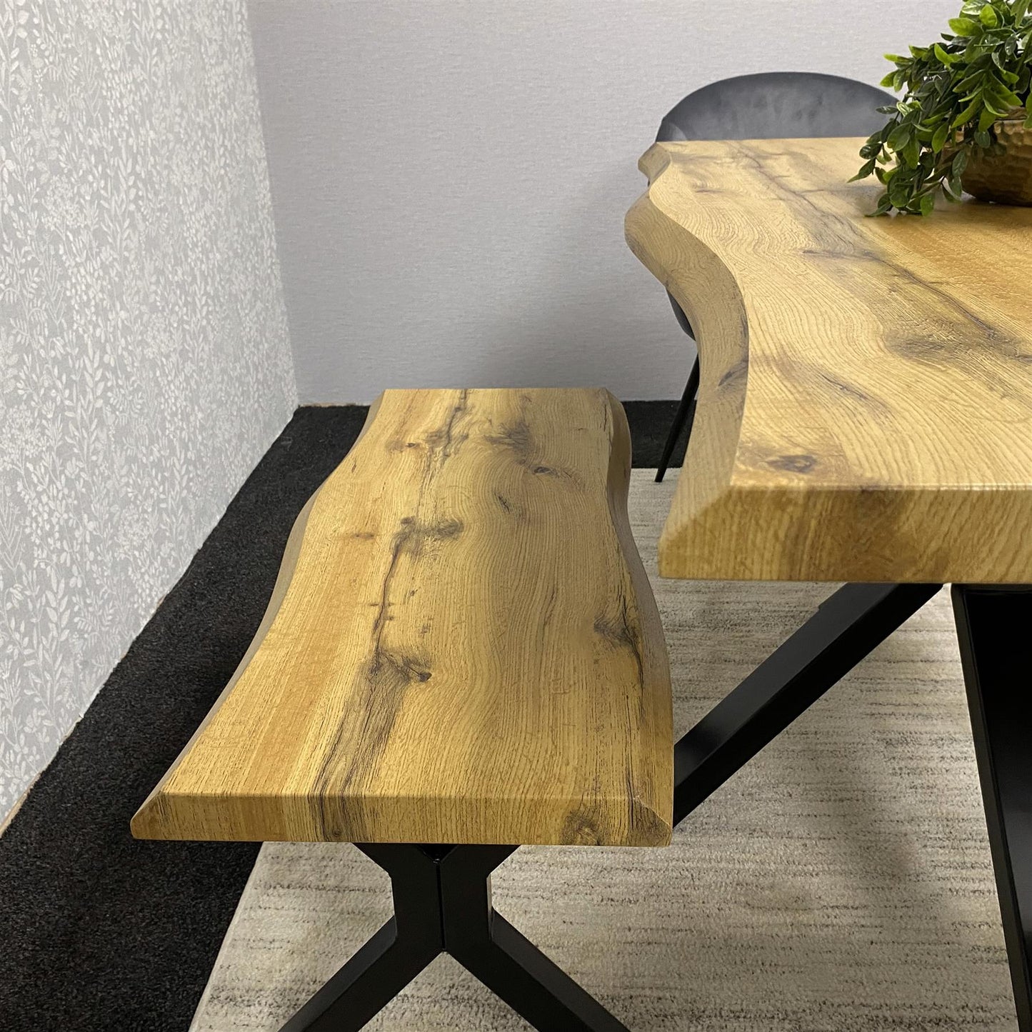 DOUBS Wooden Brown Dining Table with 2 Benches and Grey Velvet Chairs, Stylish Dining Room Furniture