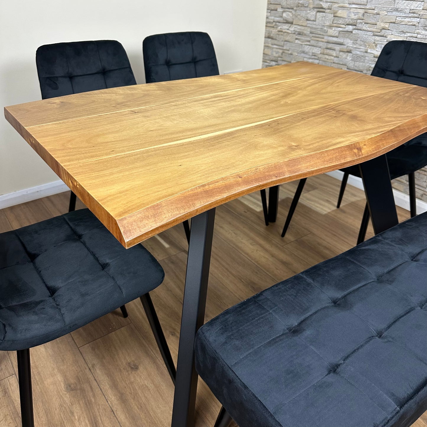 DOUBS Dining Table set for 6  with 4 Black Velvet Chairs and 1 Bench Modern Dining Set