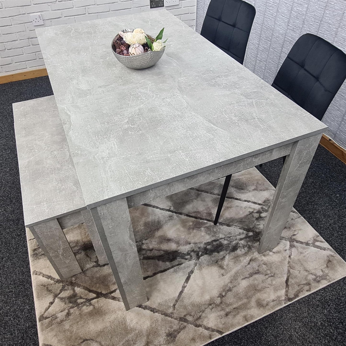 Dining Table and 2 Chairs With Stone Grey Effect Wood Table 2 Black Velvet Chairs Dining Room