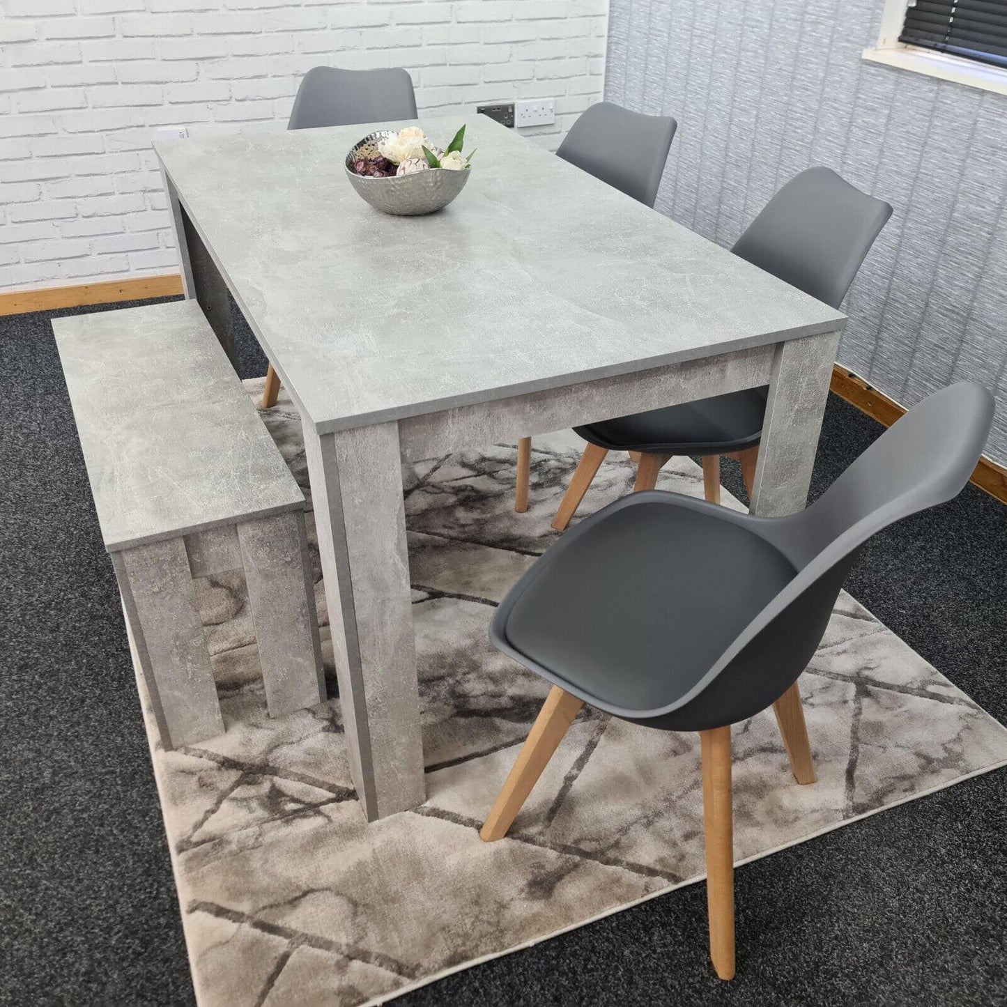 Dining Table and 4 Chairs With Bench Stone Grey Effect Wood Table 4 Grey Plastic Leather Chairs Dining Room
