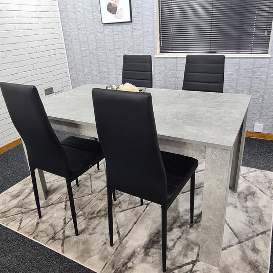 Dining Table and 4 Chairs Stone Grey Effect Wood Table 4 Black Leather Chairs Dining Room