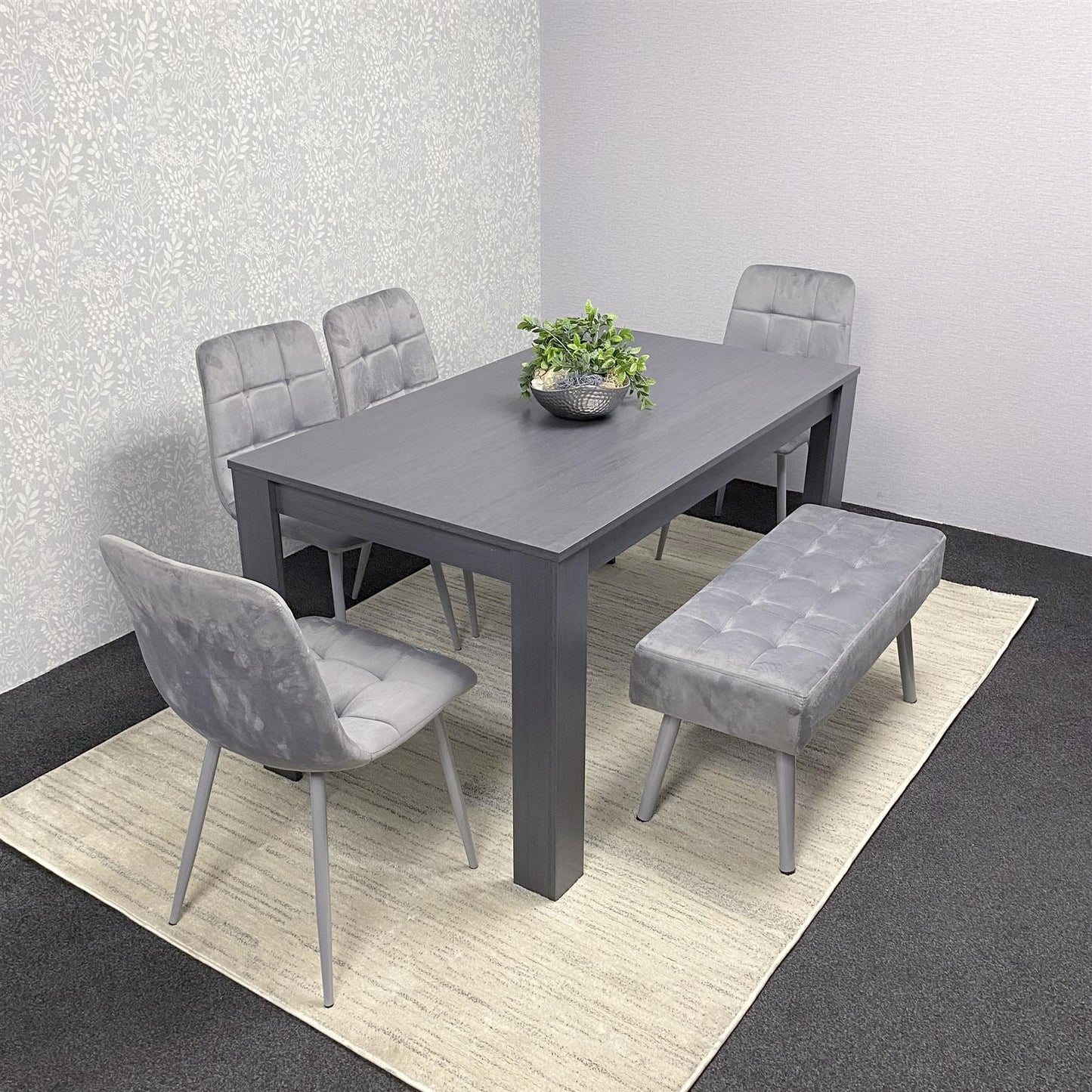 Dining Table and 4 Chairs With Bench Dark Grey, 4 Grey Velvet Chairs Wood Dining Set Furniture