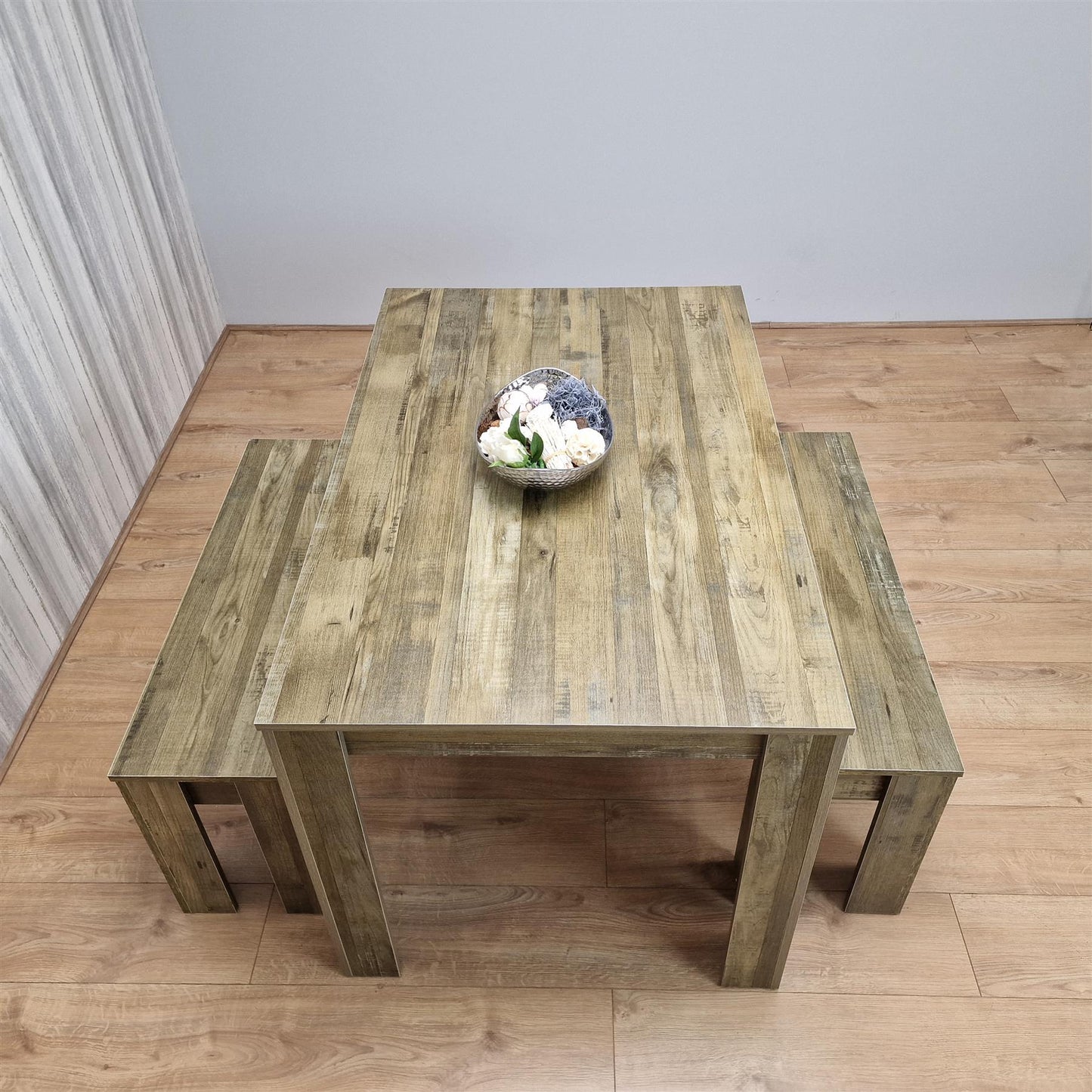 DOUBS Dining Table and 2 Benches Rustic Effect Wood Table Rustic Benches Dining Room