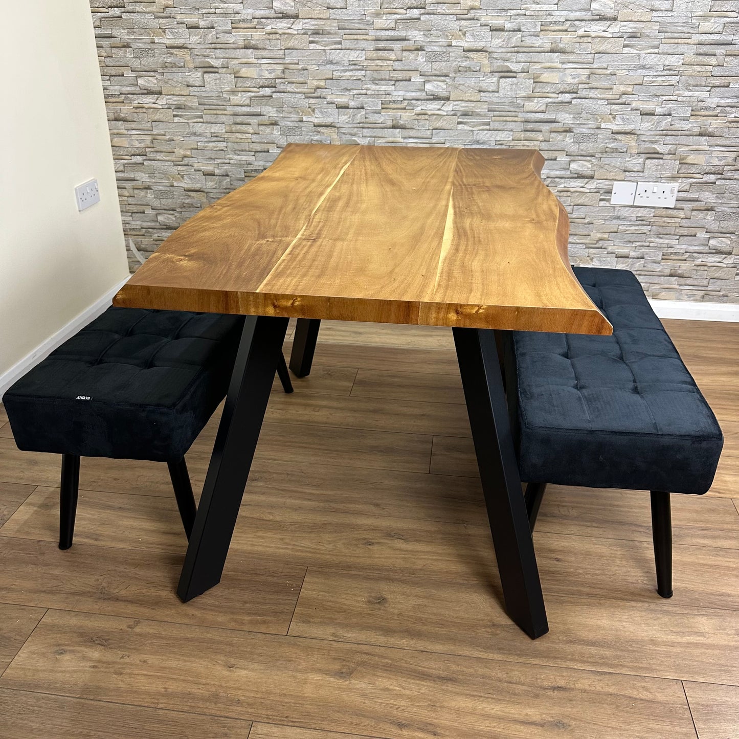 DOUBS Dining Room Set Wood Table 2 Velvet Bench Seats 3-Piece Doubs Furniture