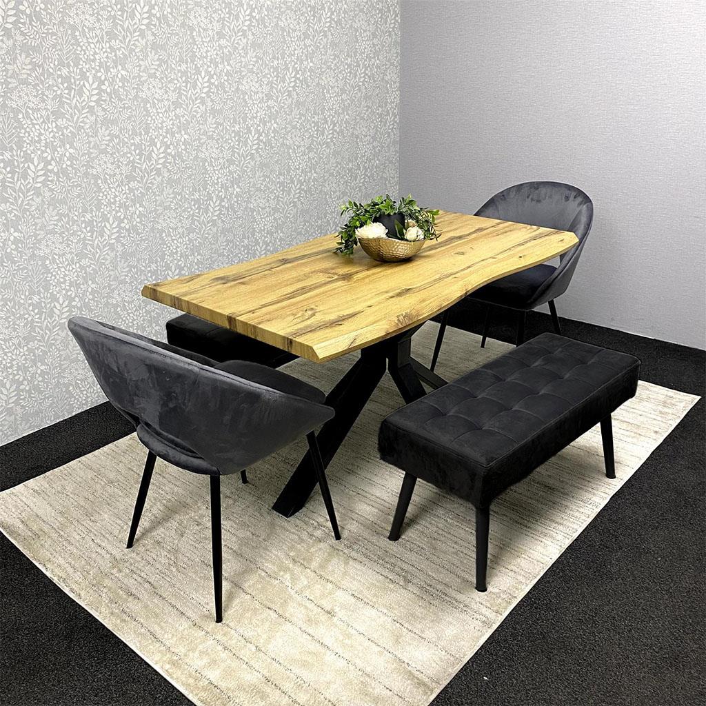 DOUBS Wooden Rectangular Dining Table Set with Velvet Chairs & Vevet Benches