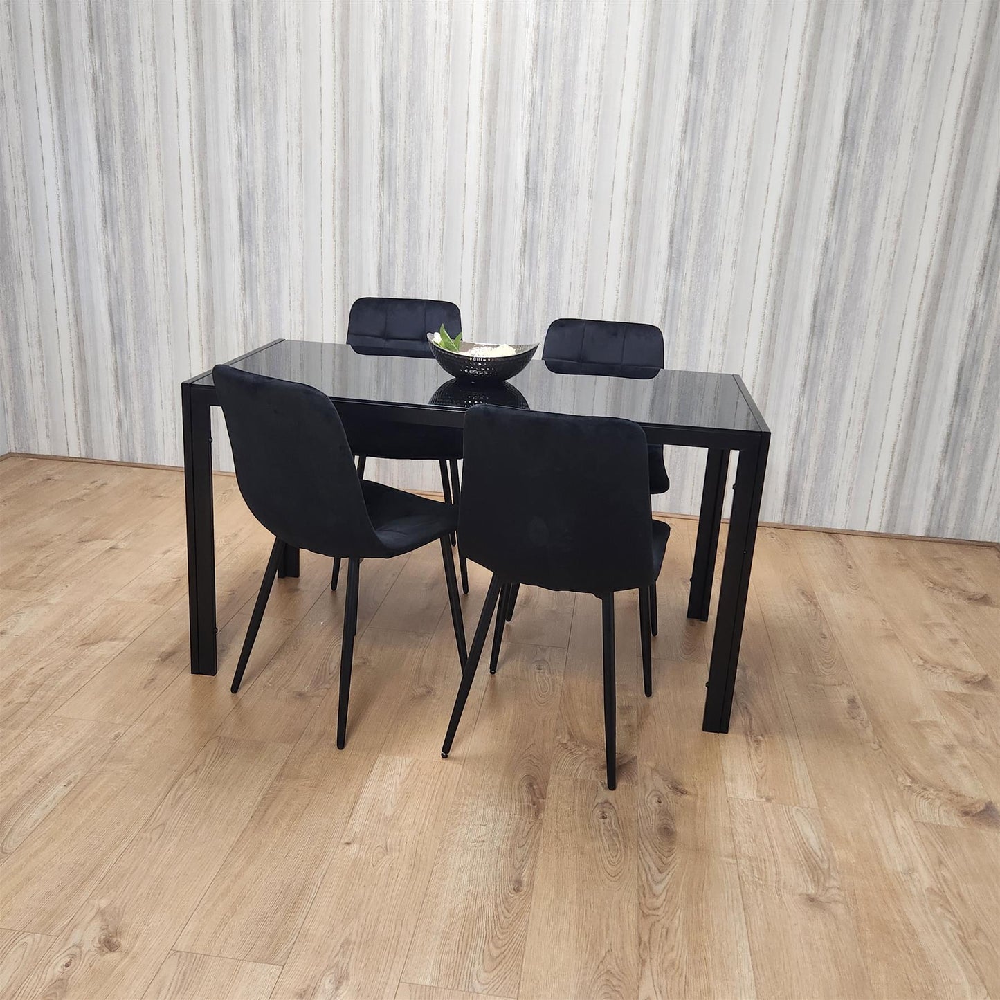 Dining Table and 4 Chairs Black Glass 4 Velvet Chairs  Dining Room Furniture