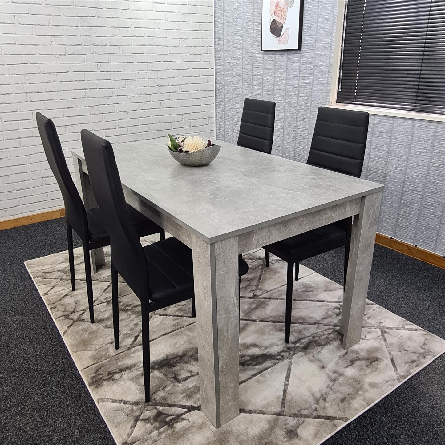 Dining Table and 4 Chairs Stone Grey Effect Wood Table 4 Black Leather Chairs Dining Room