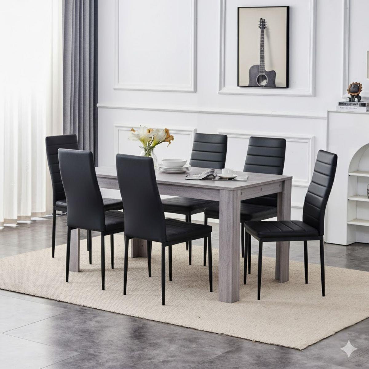 Wooden Grey Dining Table Set With 6 Black Faux Leather Chairs Dining Kitchen Furniture