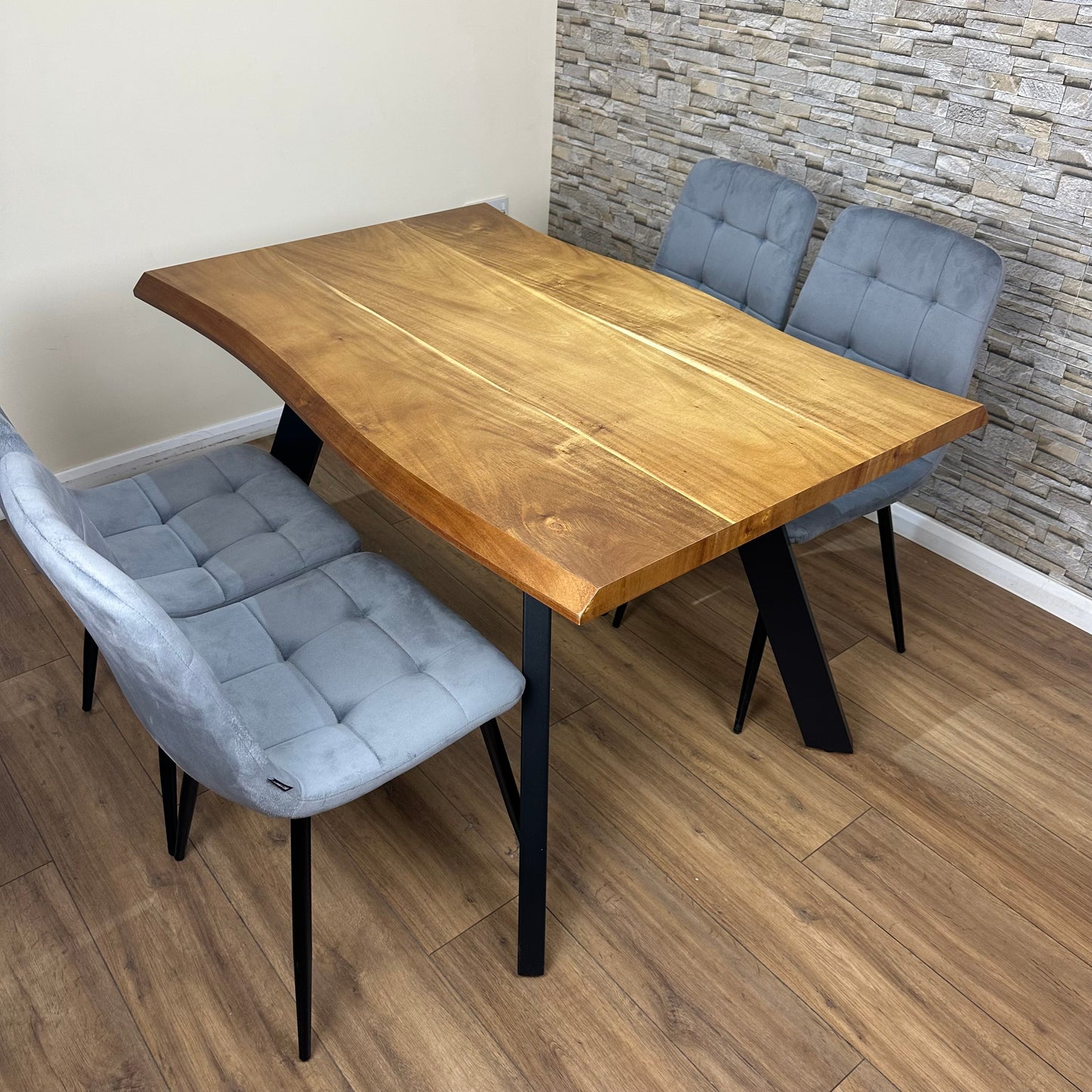 Doubs Dining Set with 4 Chairs 120cm Natural Wood Dining Table Set with 4 Grey Velvet Chairs