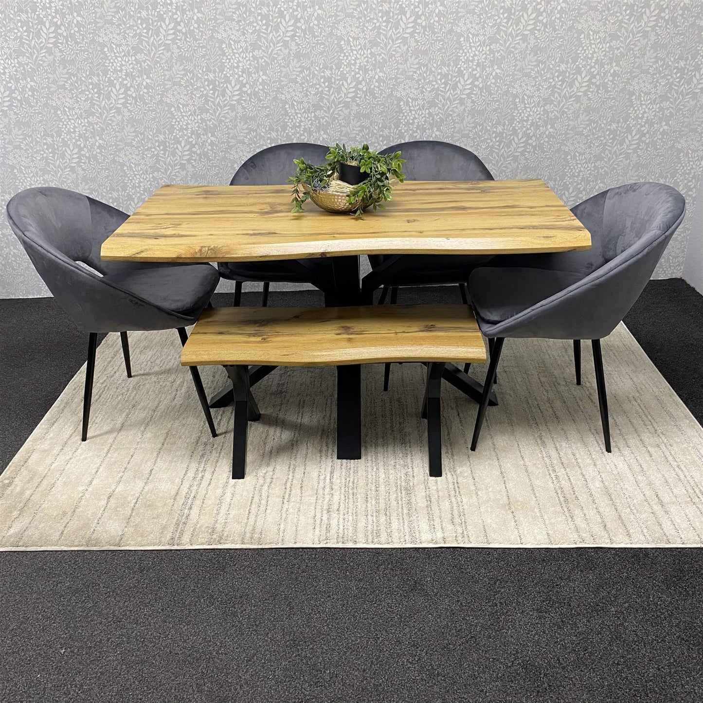 DOUBS Wooden Brown Dining Table with Bench and 4 Grey Velvet Chairs, Stylish Dining Room Furniture