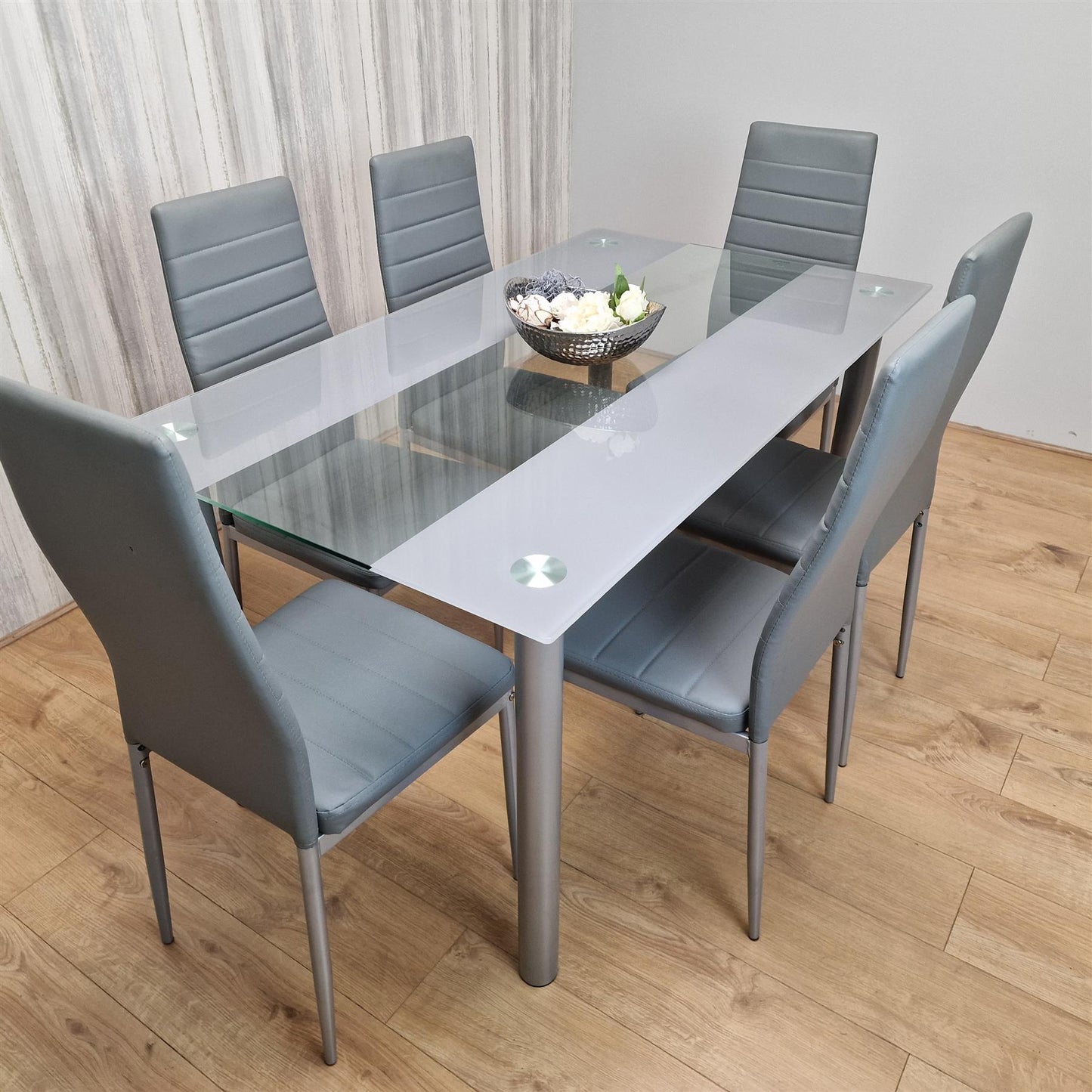 Dining Table and 6 Chairs Grey Clear Glass 6 Leather Grey Chairs Dining Room Furniture