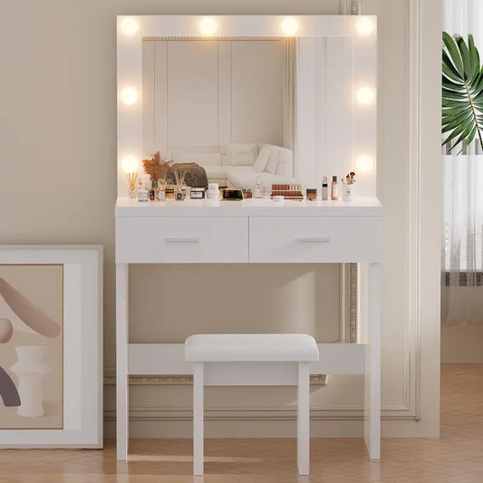 White Dressing Table Set with Hollywood LED Mirror, 2 Large Drawers, and Stool – Vanity Makeup Table with Adjustable 3-Colour Lights, USB Port, and Storage for Bedroom Décor