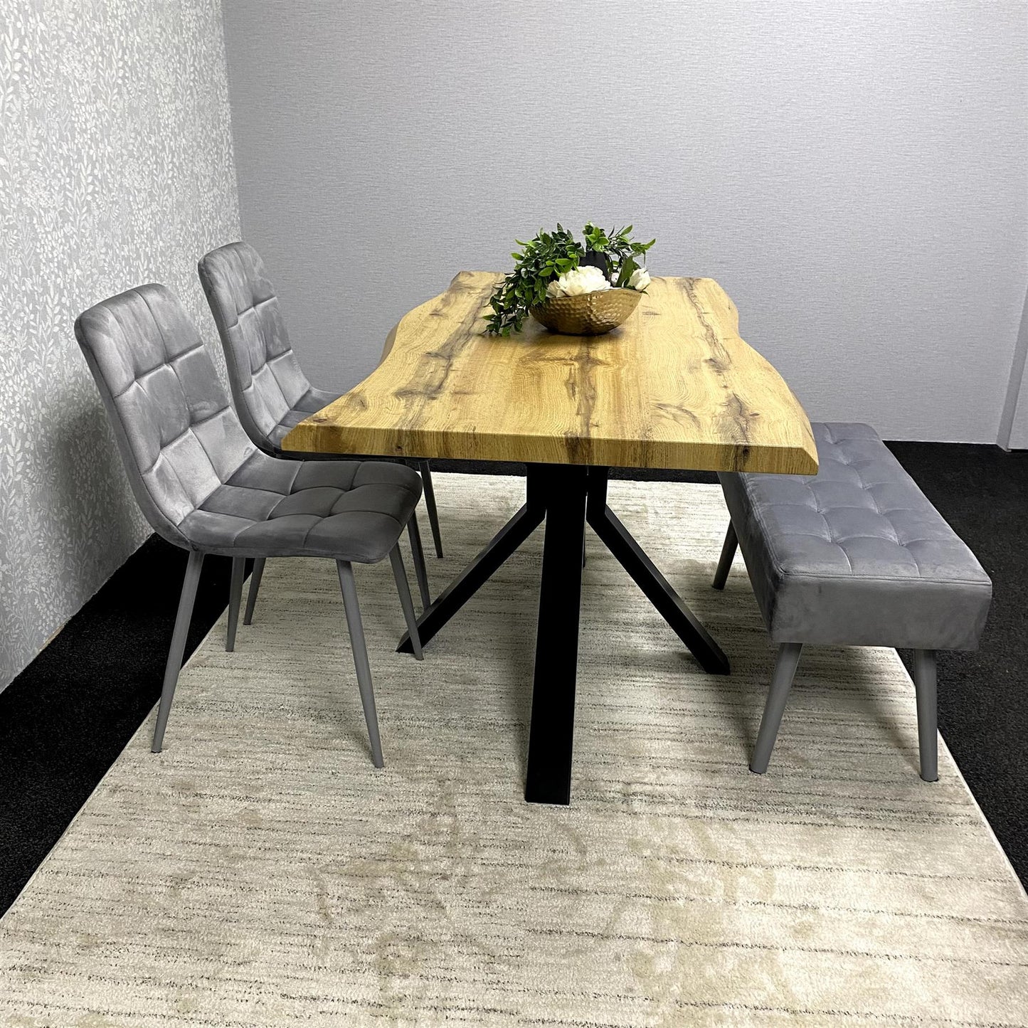 DOUBS Wood Dining Set with Tufted Velvet Chairs & Grey Velvet Bench