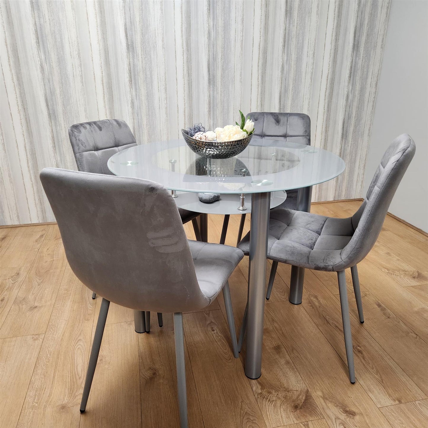 Dining Table and 4 Chairs Round Grey Glass  4 Grey Velvet Chairs Dining Room Furniture