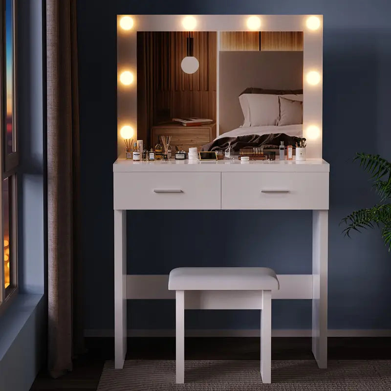 White Dressing Table Set with Hollywood LED Mirror, 2 Large Drawers, and Stool – Vanity Makeup Table with Adjustable 3-Colour Lights, USB Port, and Storage for Bedroom Décor