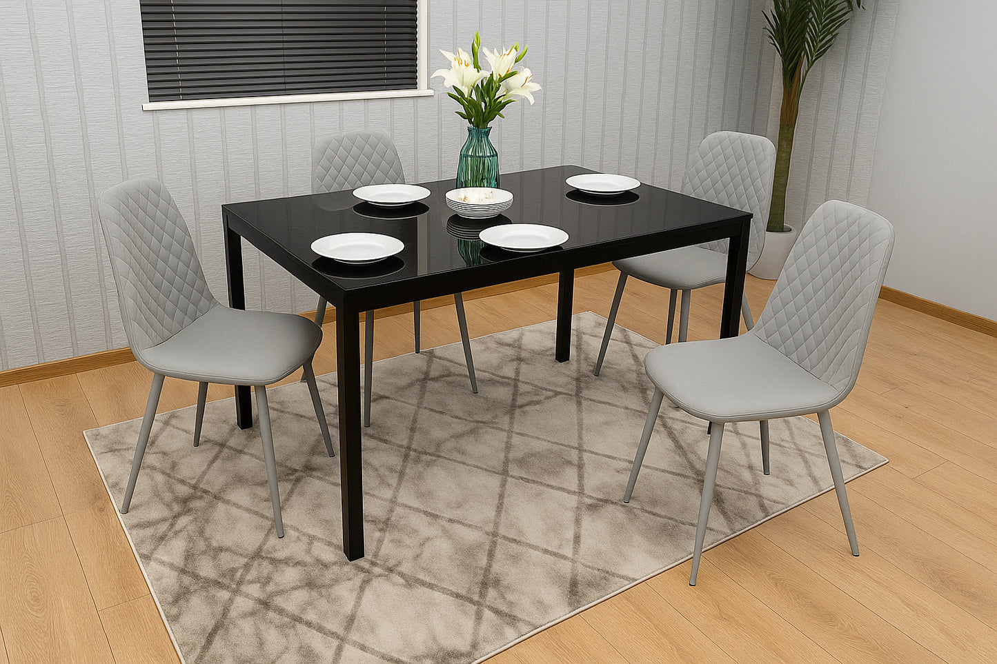 Modern Black Glass Dining Table Set with 4 Grey Dining Chairs Dining Room Furniture