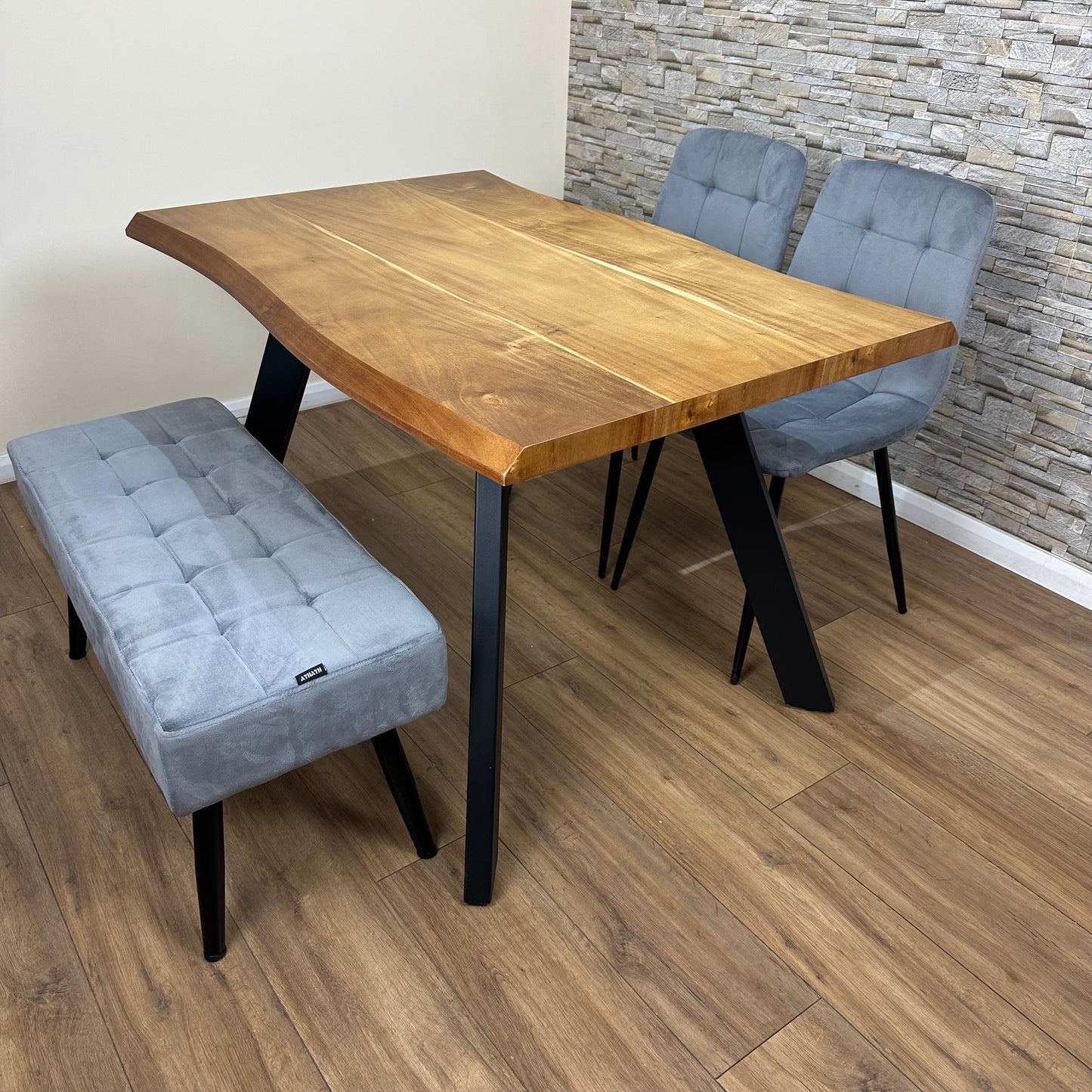 DOUBS  Dining Table with 2 Grey Velvet Chairs and 1 Bench Wooden Table Velvet seating