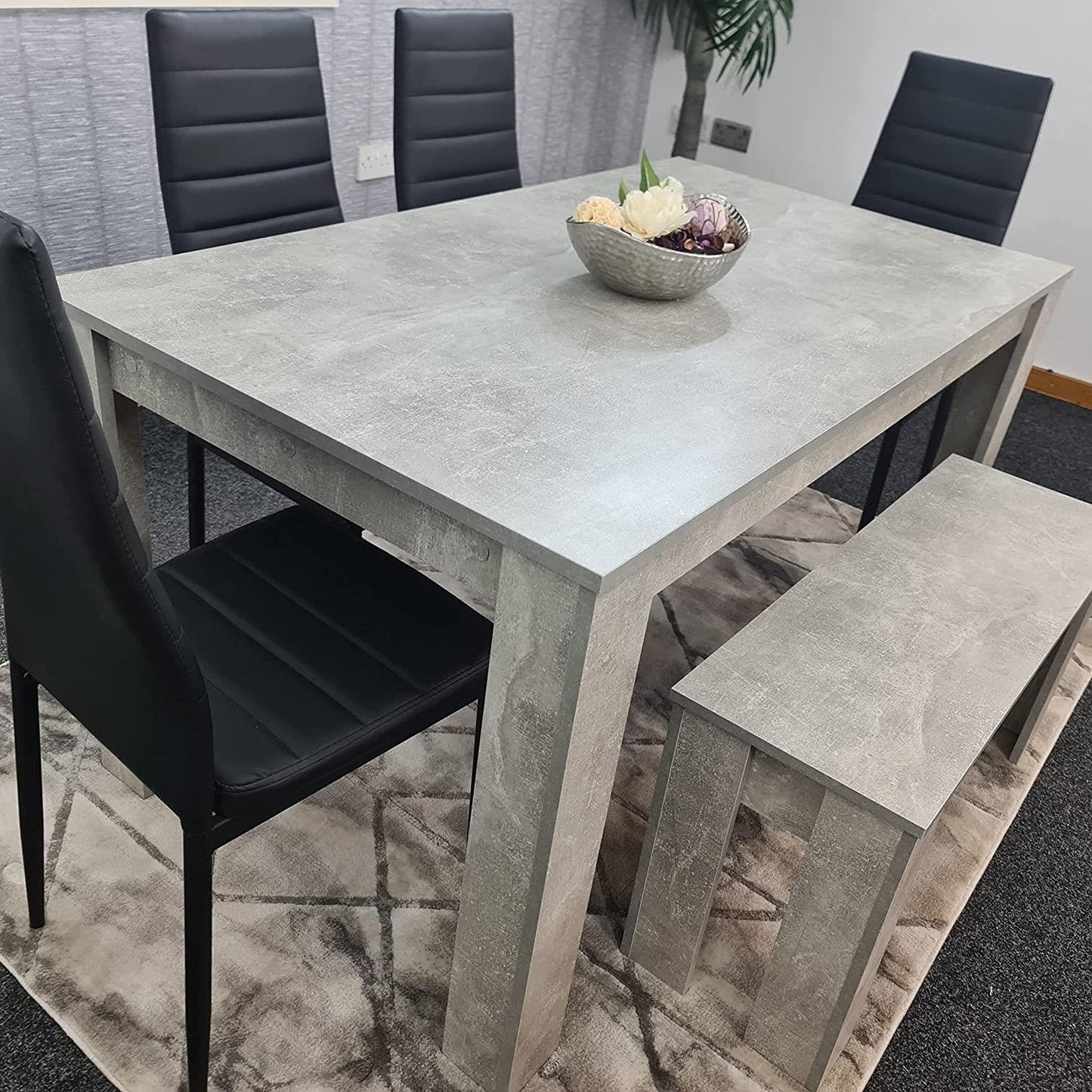 Dining Table and 4 Chairs With Bench Stone Grey Effect Wood Table 4 Black Leather Chairs Dining Room