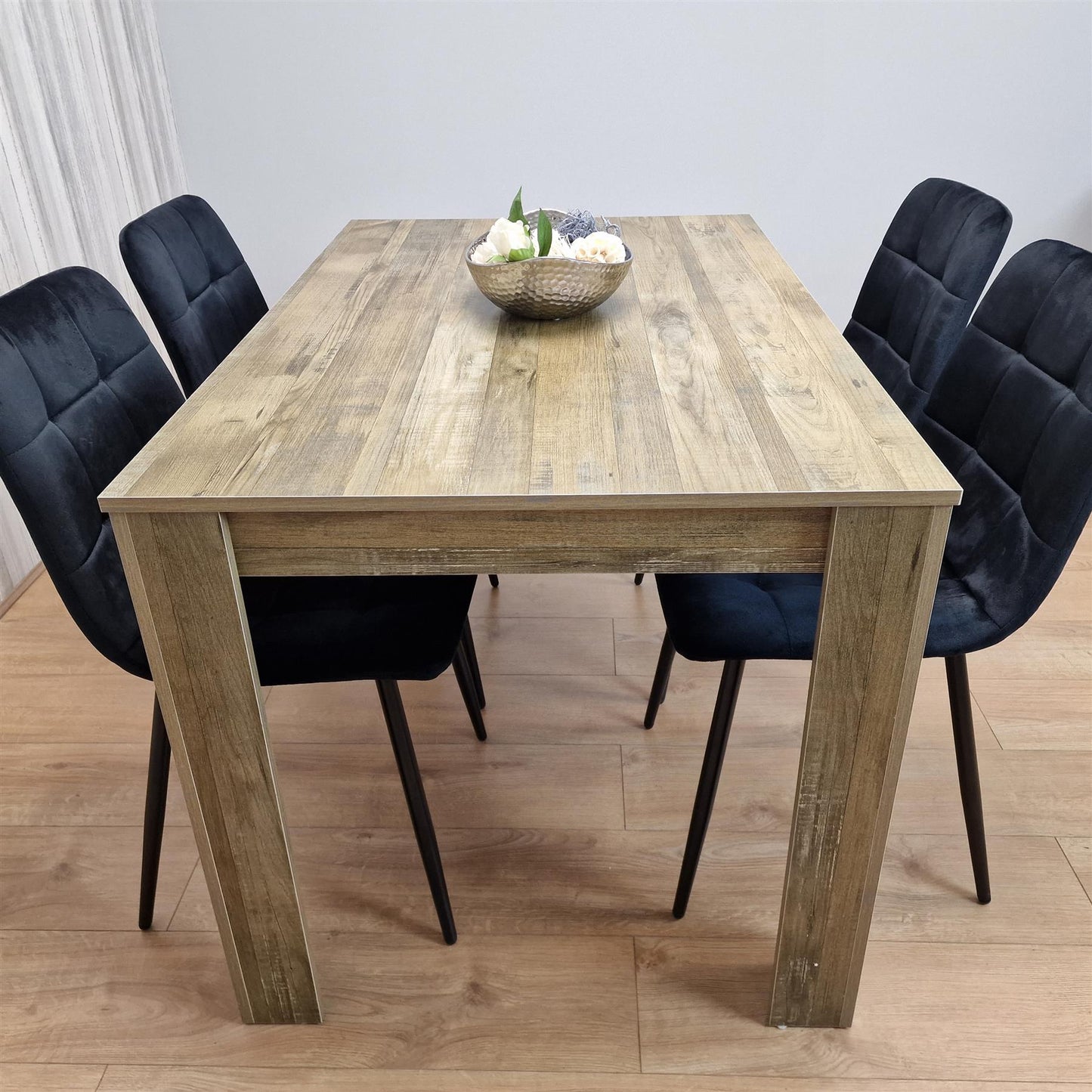 Dining Table and 4 Chairs Rustic Effect Wood Table 4 Black Velvet Chairs Dining Room