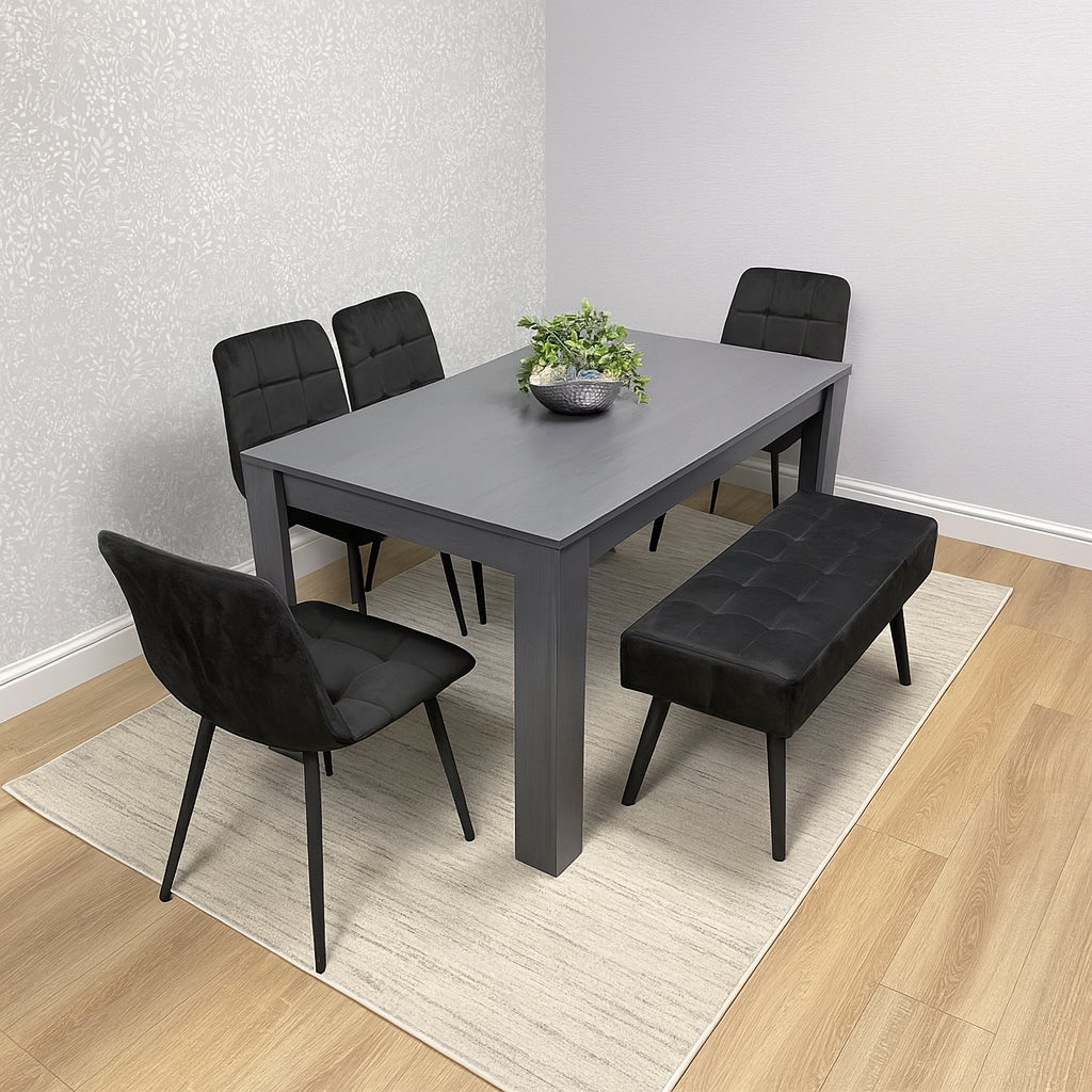 Dining Table and 4 Chairs With Black Bench, 4 Grey Velvet Chairs Wood Dining Set Furniture