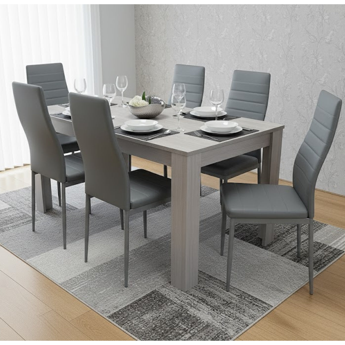 Modern Dining Table Set With 6 Grey Faux Leather Chairs Dining Room Furniture
