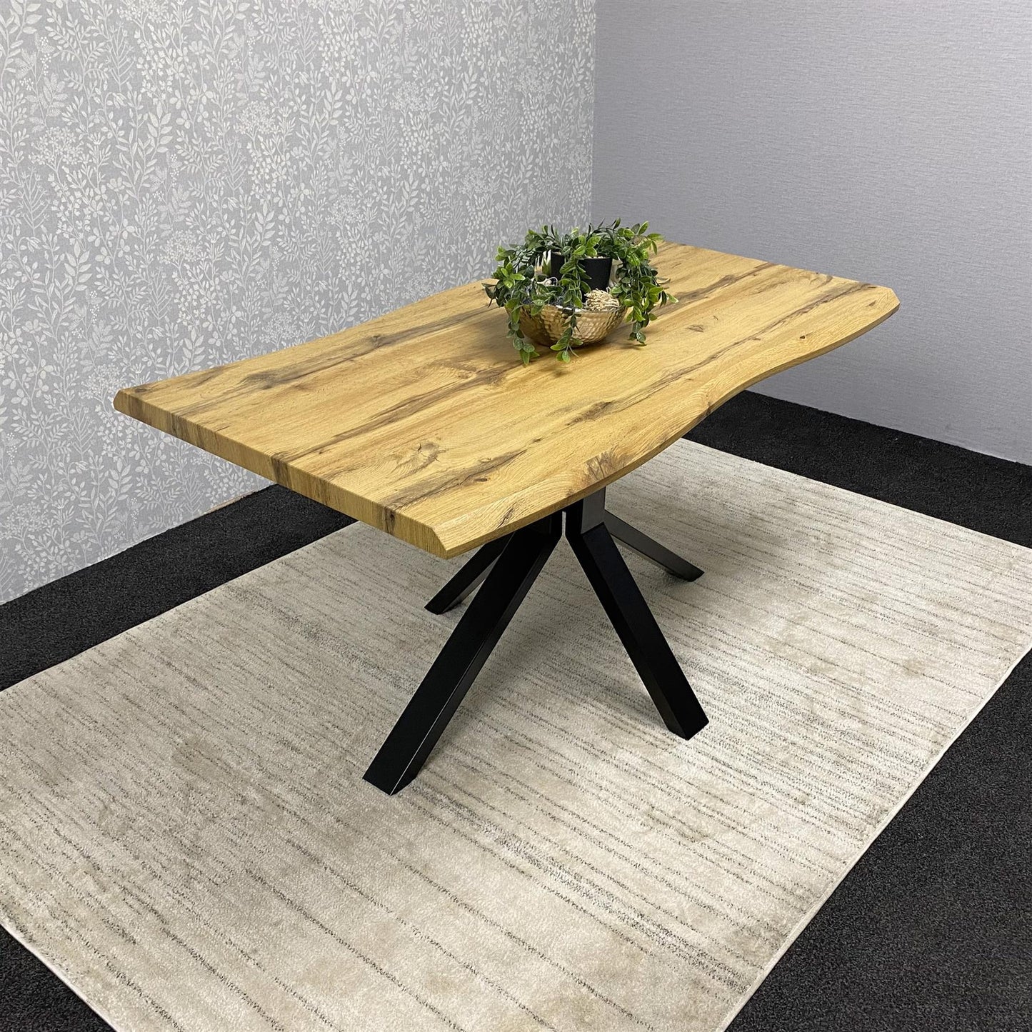 Durable Wooden Dining Table with X-Shaped Iron Legs, Curved Edge for Dining, Work, or Study