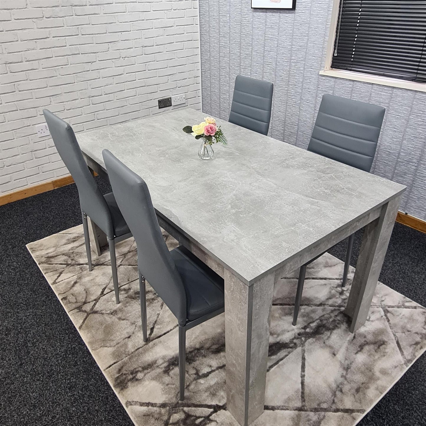 Dining Table and 4 Chairs Stone Grey Effect Wood Table 4 Grey Leather Chairs Dining Room