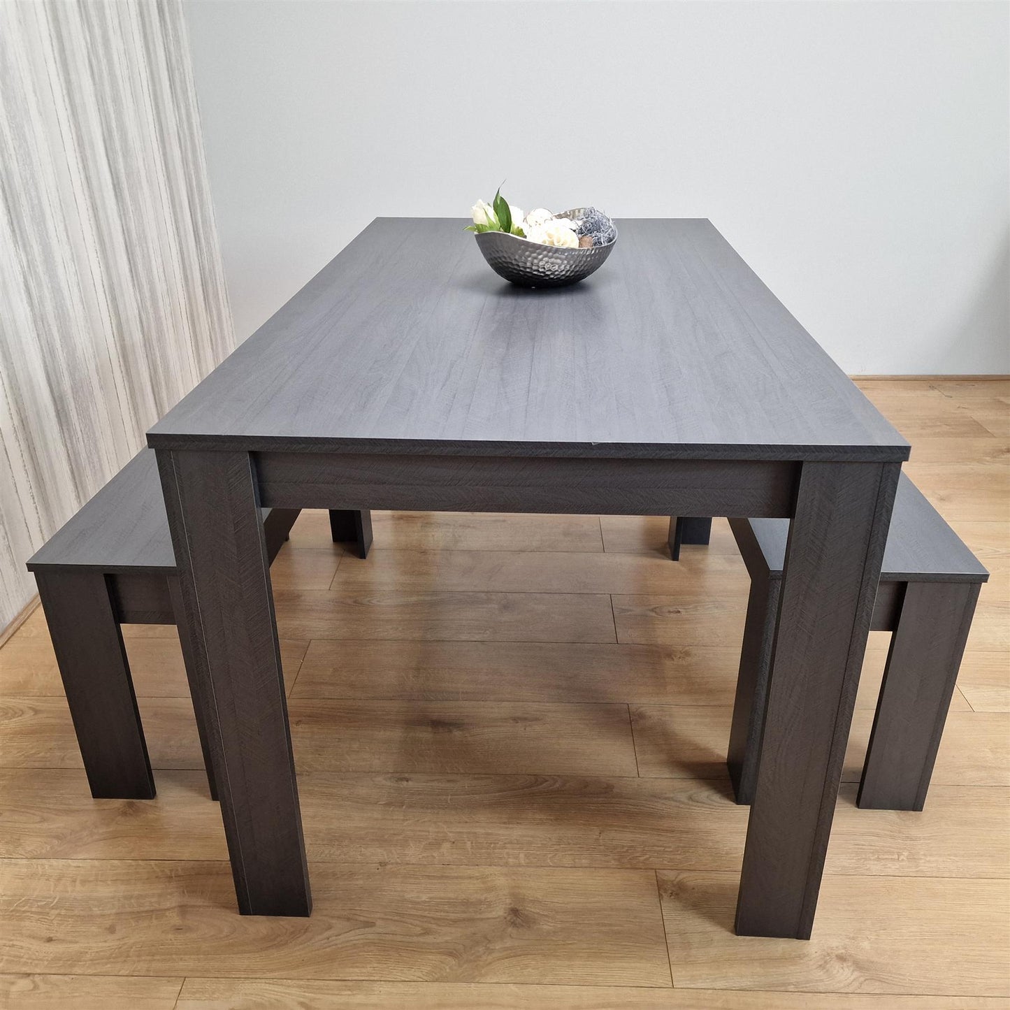 Dining Table and 2  Benches  Black Dark Grey Wood Dining Set Furniture