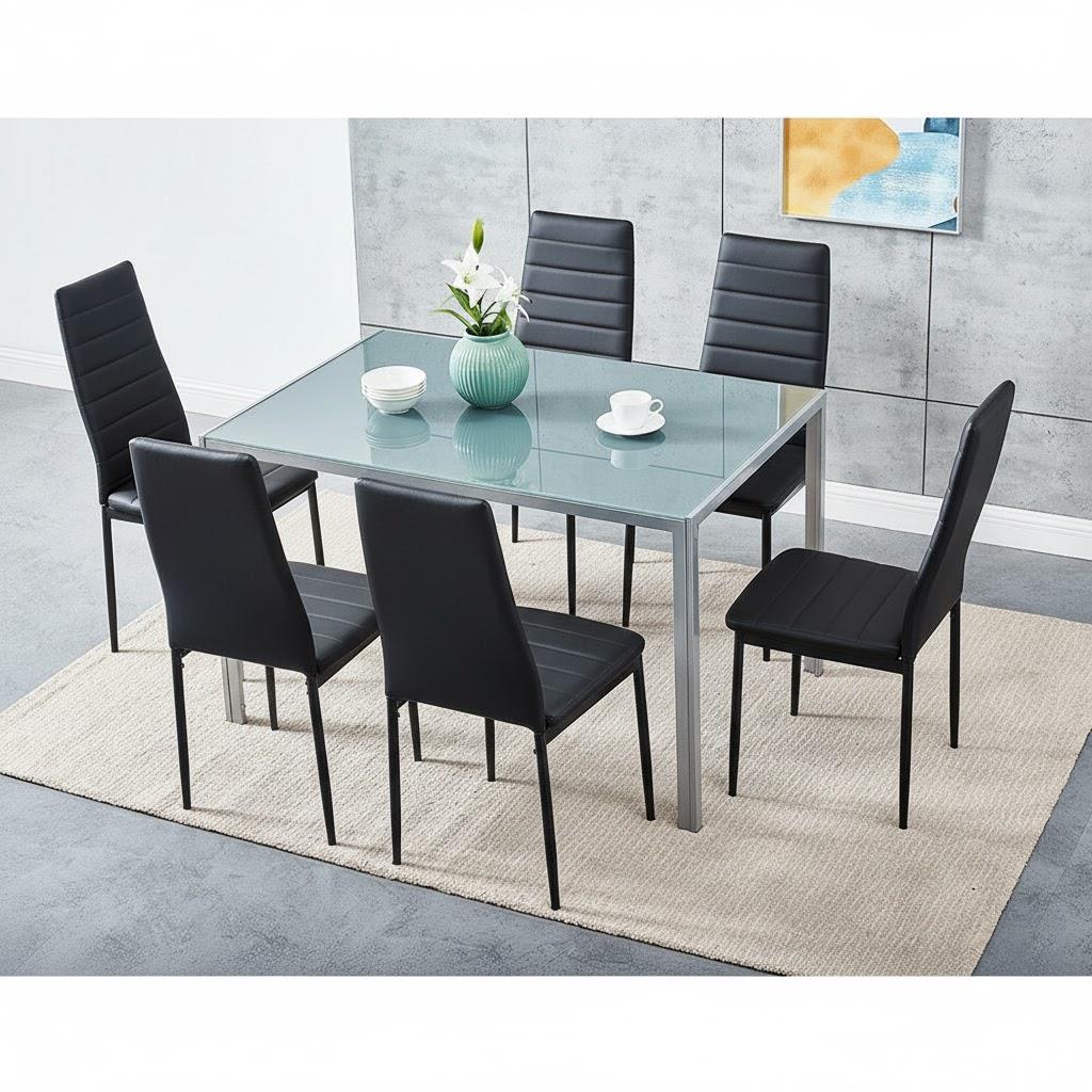 Grey Glass Dining Table Set With 6 Black Metal Chairs Kitchen Dining Room Furniture