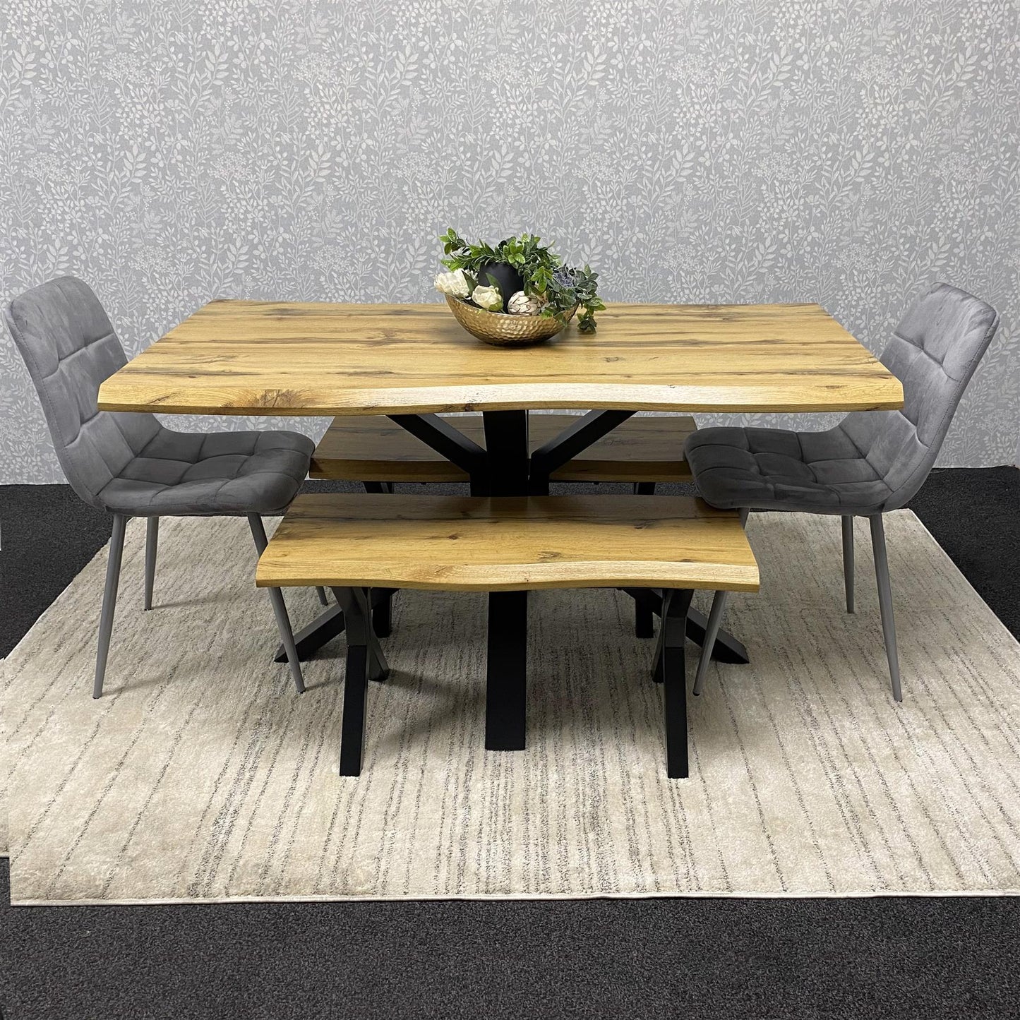 DOUBS Wooden Brown Dining Table with 2 Benches and Grey Velvet Chairs, Stylish Dining Room Furniture