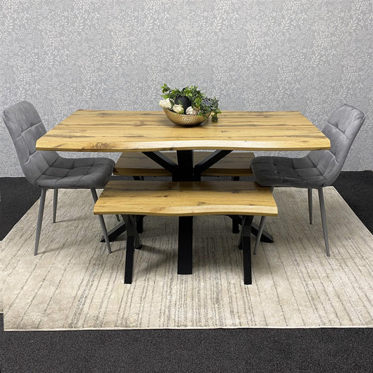 DOUBS Wooden Brown Dining Table with 2 Benches and Grey Velvet Chairs, Stylish Dining Room Furniture