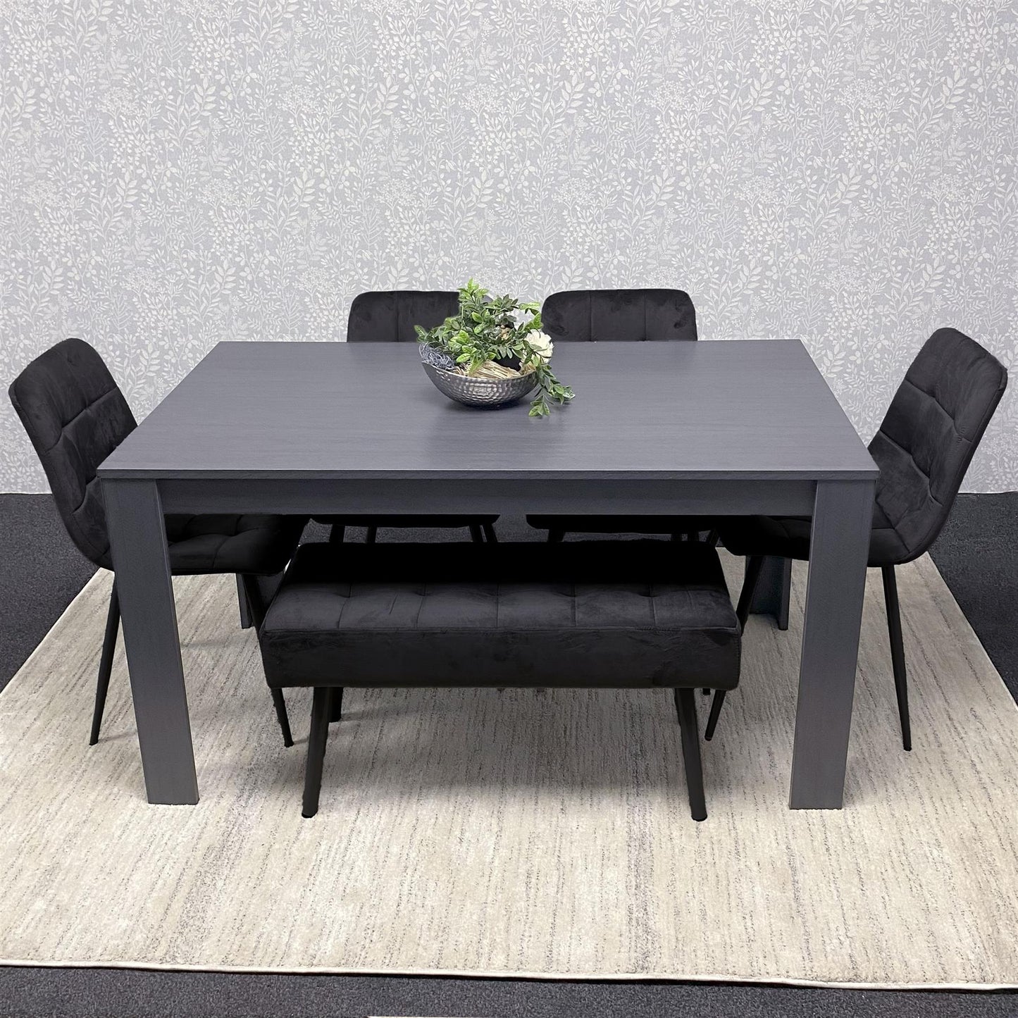 Dining Table and 4 Chairs With Black Bench, 4 Grey Velvet Chairs Wood Dining Set Furniture
