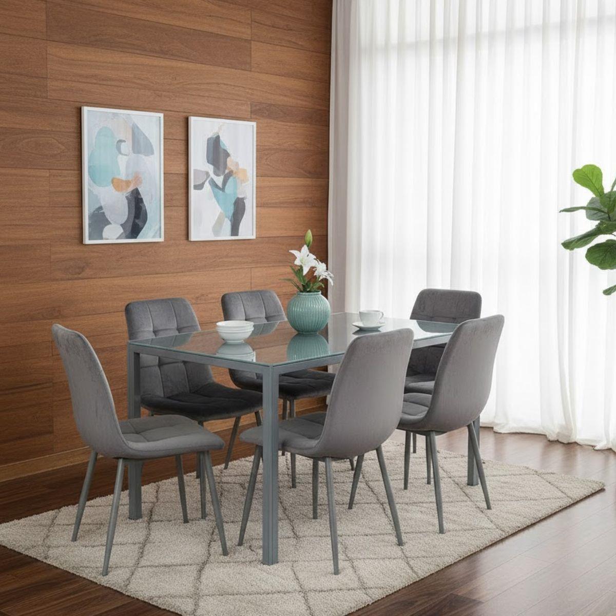 Modern Grey Glass Dining Table with 6 Grey velvet Chairs Dining Room Furniture