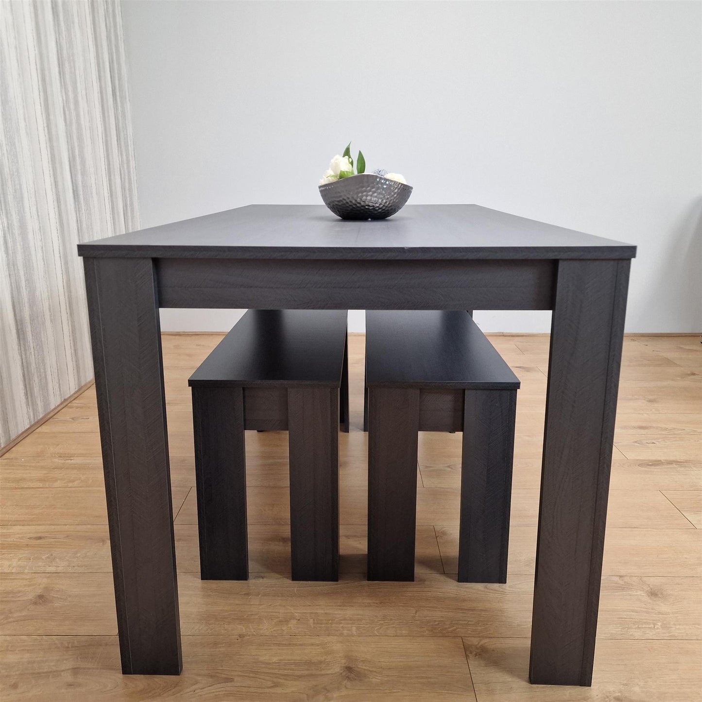 Dining Table and 2  Benches  Black Dark Grey Wood Dining Set Furniture